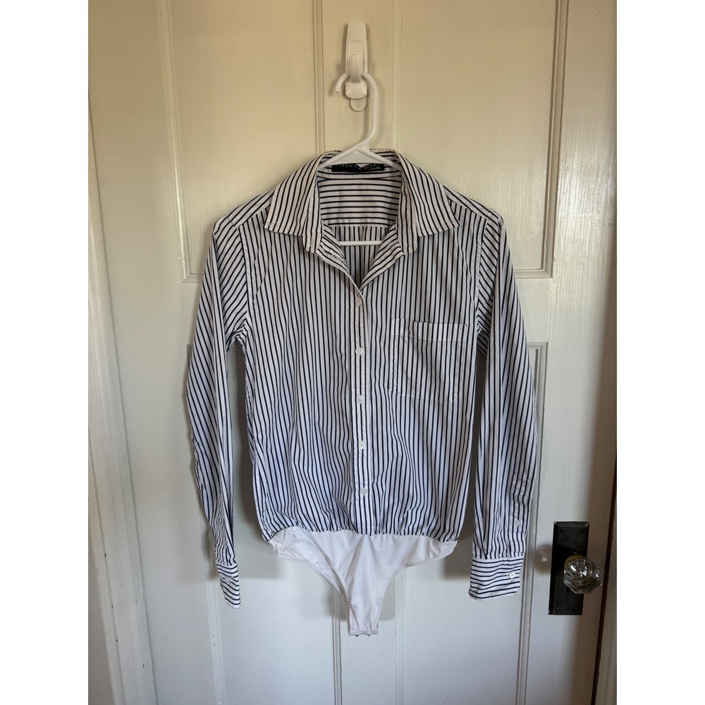 Veronica Beard striped cotton button front bodysuit